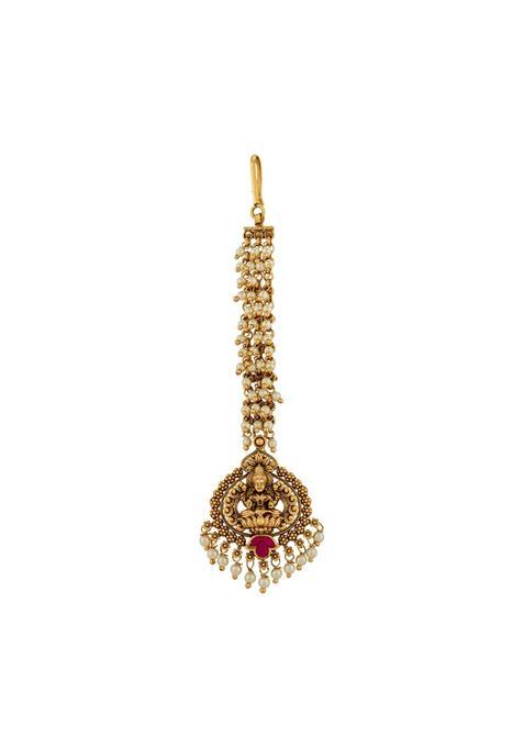 Kushals Fashion Jewellery Ruby Gold Plated Antique Maang Tikka for Women