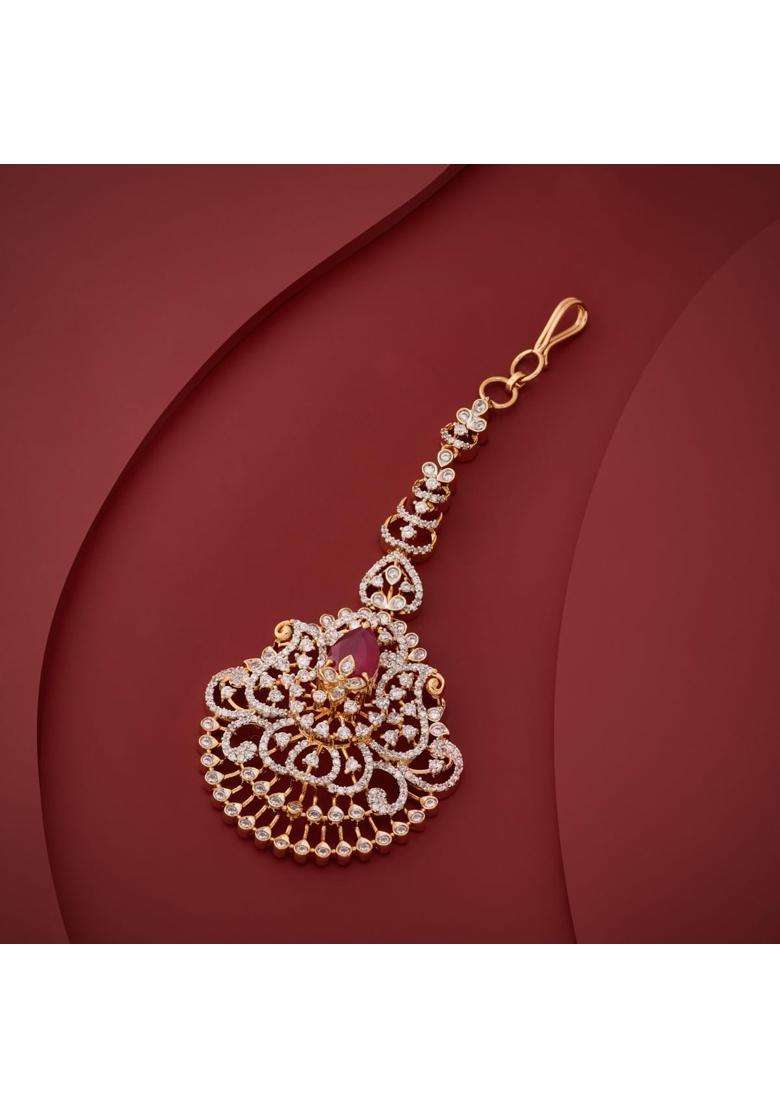 Kushals Fashion Jewellery Ruby Rhodium Gold Plated Zircon Maang Tikka for Women - Indya
