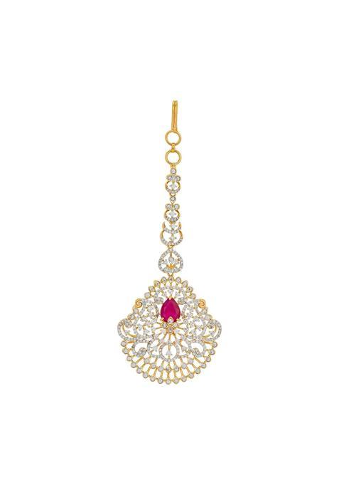 Kushals Fashion Jewellery Ruby Rhodium Gold Plated Zircon Maang Tikka for Women