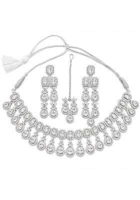 Bantor Silver Tone Emerald Cut AD Necklace Set for Women