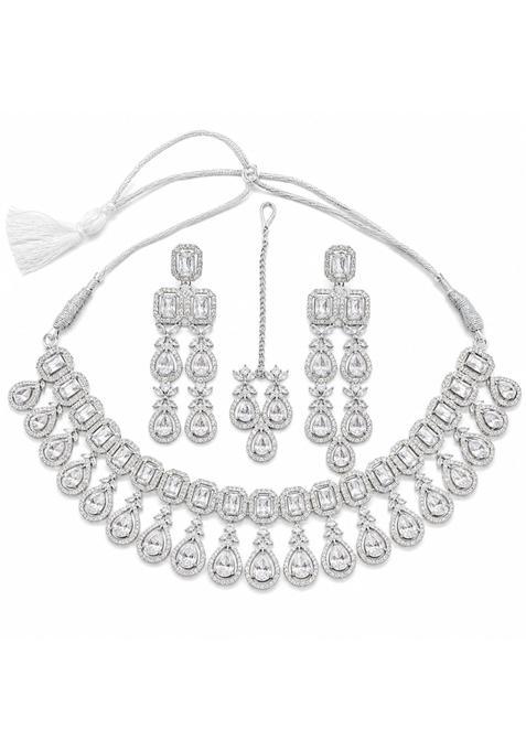 Bantor Silver Tone Emerald Cut AD Necklace Set for Women