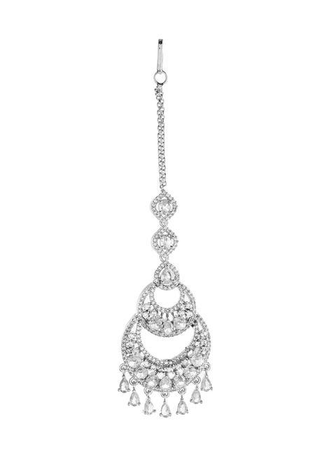Silvermerc Designs American Diamond Maang Tikka for Women Silver Plated CZ Chandbali Bridal Tikka