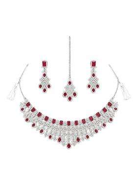 Momsi Glitz Gallery American Diamond Jewellery Set with Necklace Earrings and Maang Tikka Red Toned