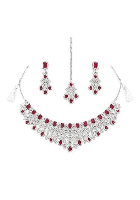 Momsi Glitz Gallery American Diamond Jewellery Set with Necklace Earrings and Maang Tikka Red Toned