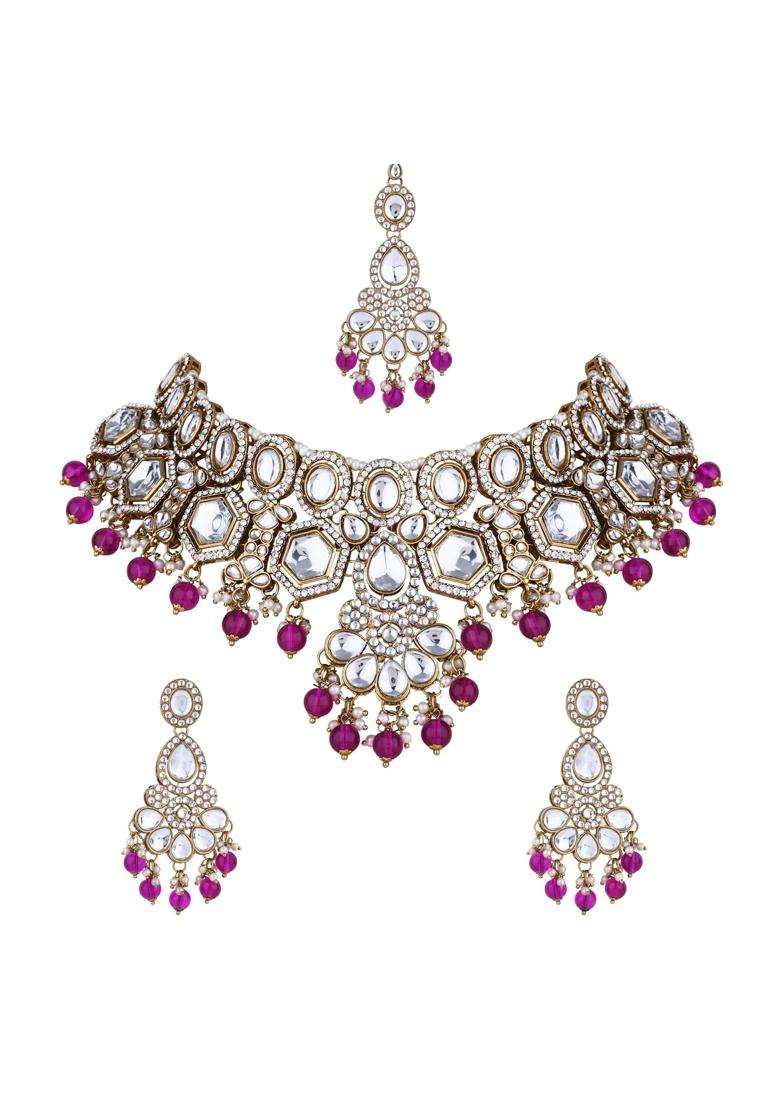 I Jewels Gold Plated Traditional Kundan and Pearl Drop Bridal Necklace with Earrings and Maang Tikka Jewellery - Indya