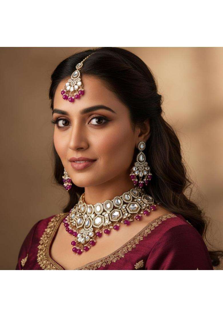 I Jewels Gold Plated Traditional Kundan and Pearl Drop Bridal Necklace with Earrings and Maang Tikka Jewellery - Indya