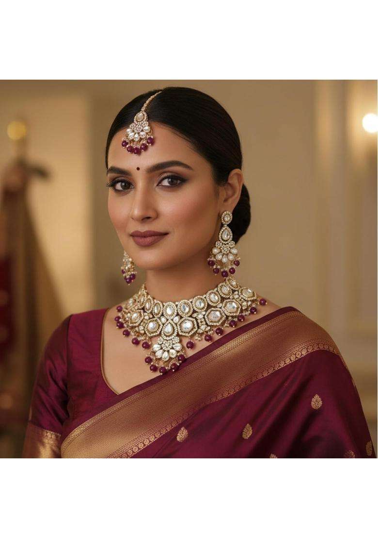 I Jewels Gold Plated Traditional Kundan and Pearl Drop Bridal Necklace with Earrings and Maang Tikka Jewellery - Indya