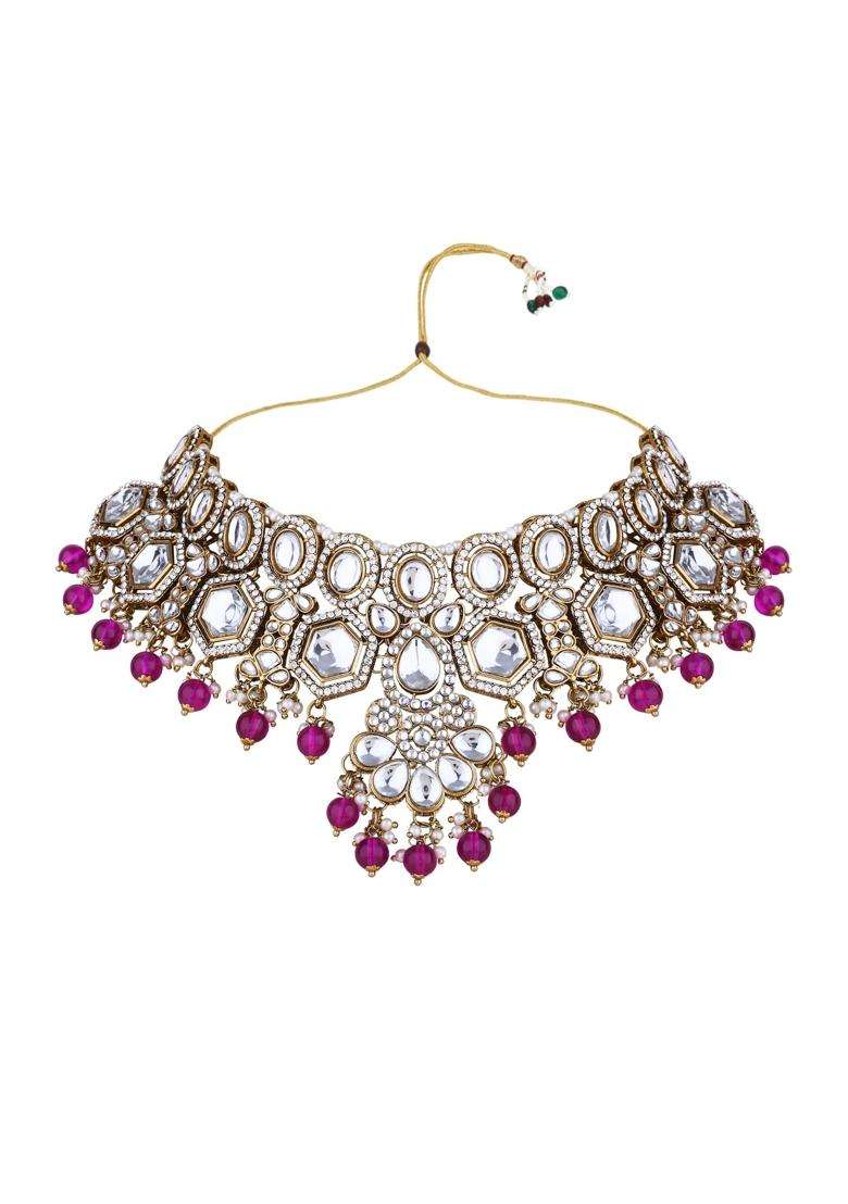 I Jewels Gold Plated Traditional Kundan and Pearl Drop Bridal Necklace with Earrings and Maang Tikka Jewellery - Indya