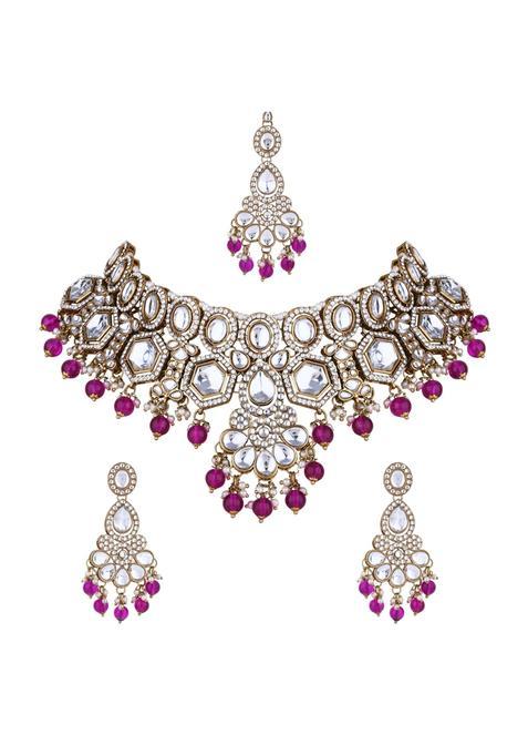 I Jewels Gold Plated Traditional Kundan and Pearl Drop Bridal Necklace with Earrings and Maang Tikka Jewellery