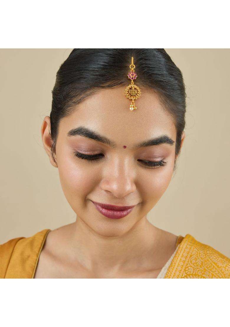 Kushals Fashion Jewellery Ruby Oxidised Gold Plated 925 Silver Temple Maang Tikka for Women - Indya