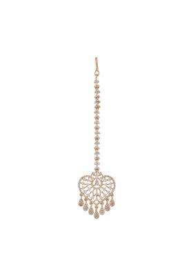 Kushals Fashion Jewellery White Rose Gold Plated Zircon Maang Tikka for Women