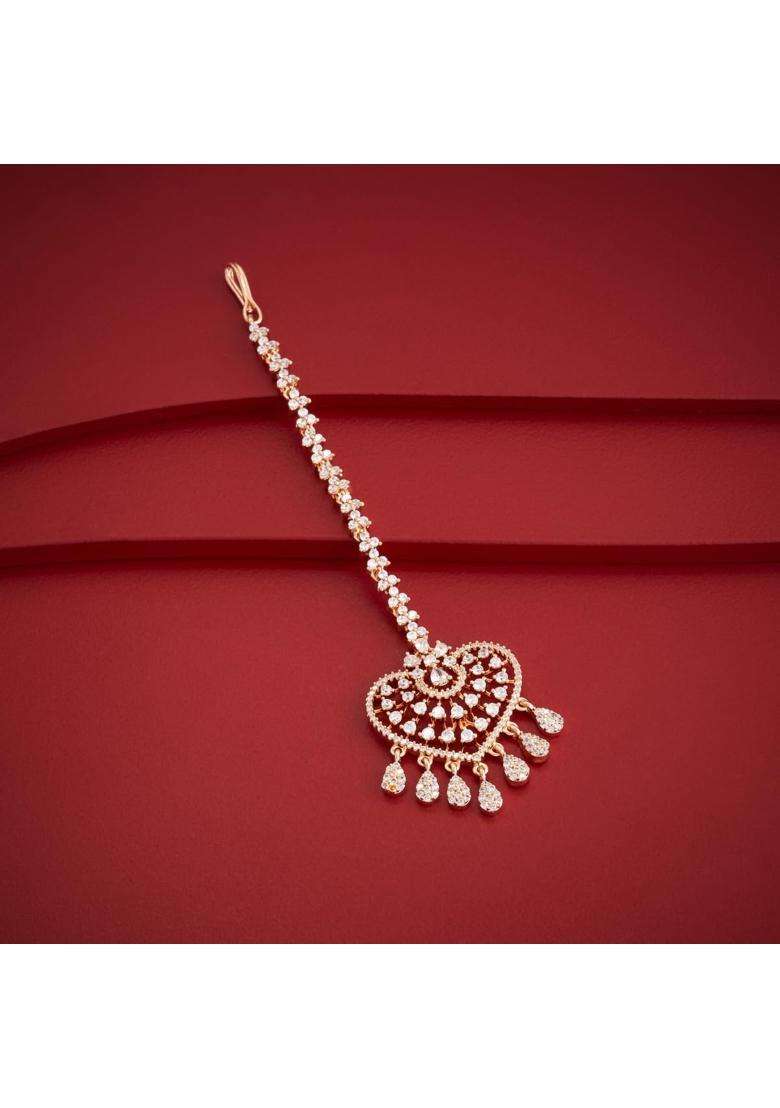 Kushals Fashion Jewellery White Rose Gold Plated Zircon Maang Tikka for Women - Indya