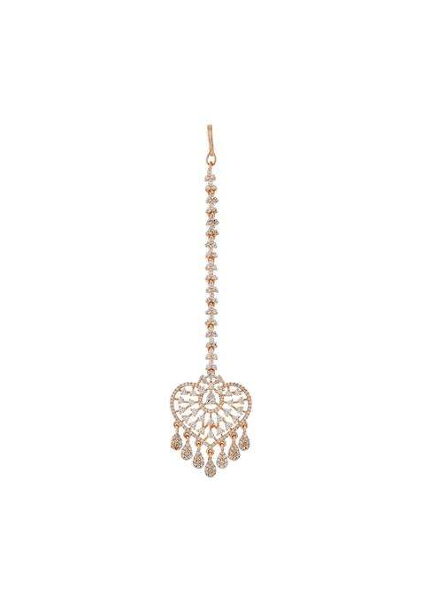 Kushals Fashion Jewellery White Rose Gold Plated Zircon Maang Tikka for Women