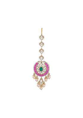 Kushals Fashion Jewellery Ruby Green Victorian Plated Kundan Maang Tikka for Women