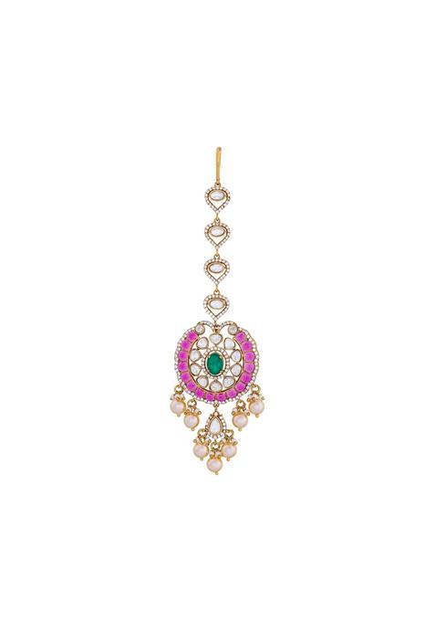 Kushals Fashion Jewellery Ruby Green Victorian Plated Kundan Maang Tikka for Women