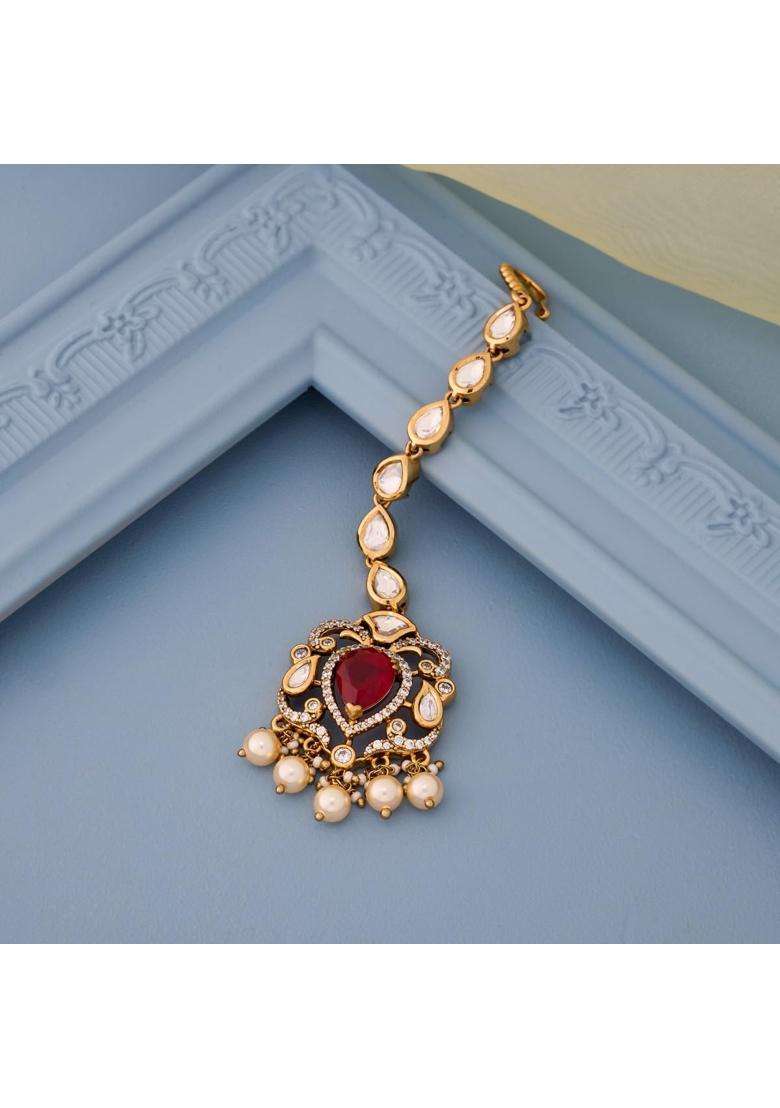 Kushals Fashion Jewellery Ruby Victorian Plated Kundan Maang Tikka for Women - Indya