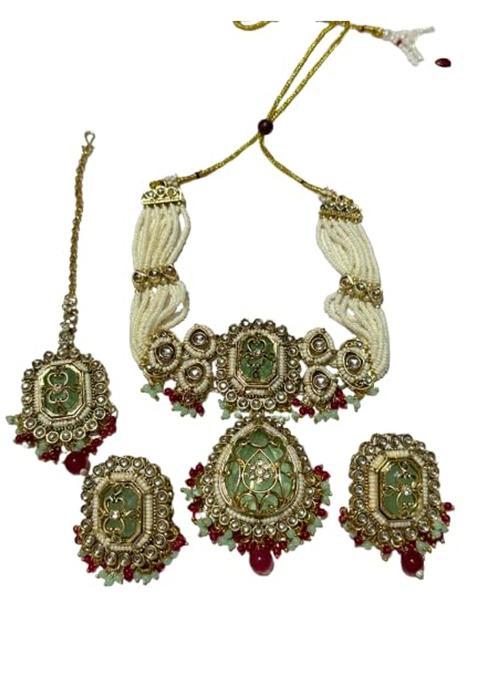 Kundan Choker Necklace Set with Earrings and Maang Tikka Lavender Colour