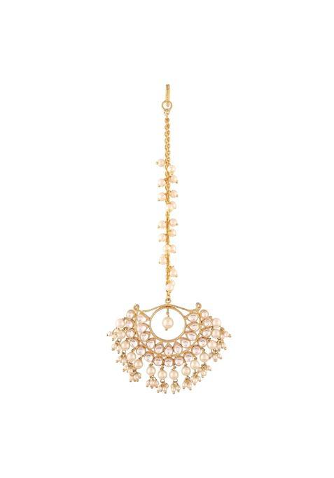 Accessher Jadau Kundan and Pearl Gold Plated Jhoomar Maang Tikka for Women