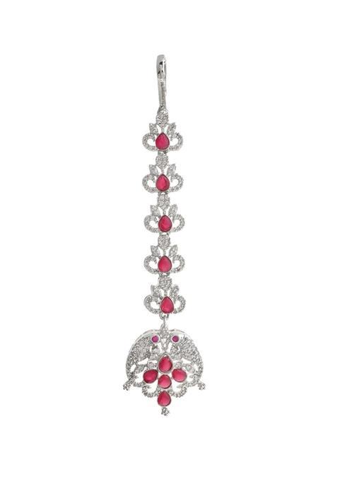 Silvermerc Designs Maangtika for Women Beautiful Pink AD American Diamond Studded Silver Plated Crystal Maang