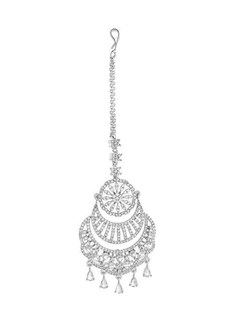 Silvermerc Designs American Diamond Maang Tikka for Women Silver Plated CZ Layered Chandbali Bridal Tikka