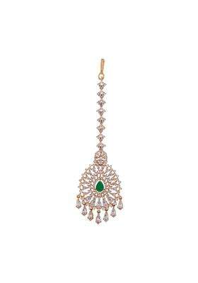 Kushals Fashion Jewellery Green Gold Rose Plated Zircon Maang Tikka for Women