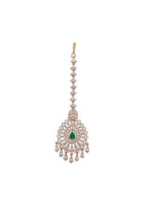 Kushals Fashion Jewellery Green Gold Rose Plated Zircon Maang Tikka for Women