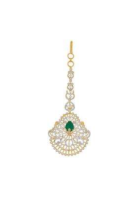 Kushals Fashion Jewellery Ruby Rhodium Gold Plated Zircon Maang Tikka for Women