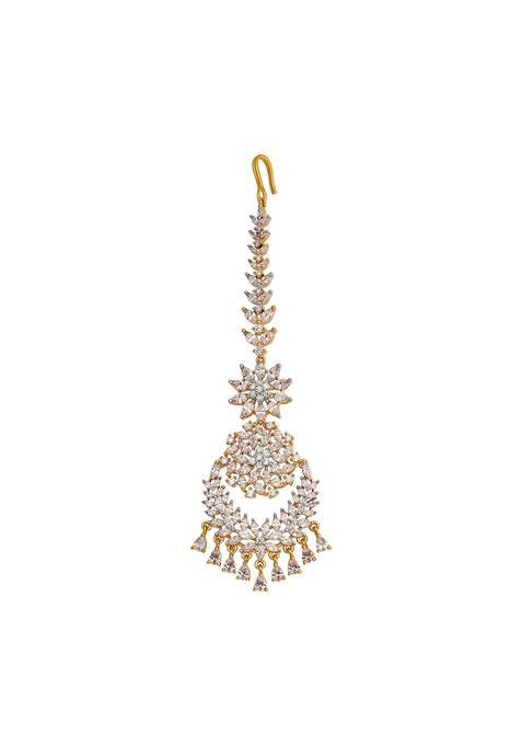 Kushals Fashion Jewellery White Rodium Gold Polished Zircon Maang Tikka for Women