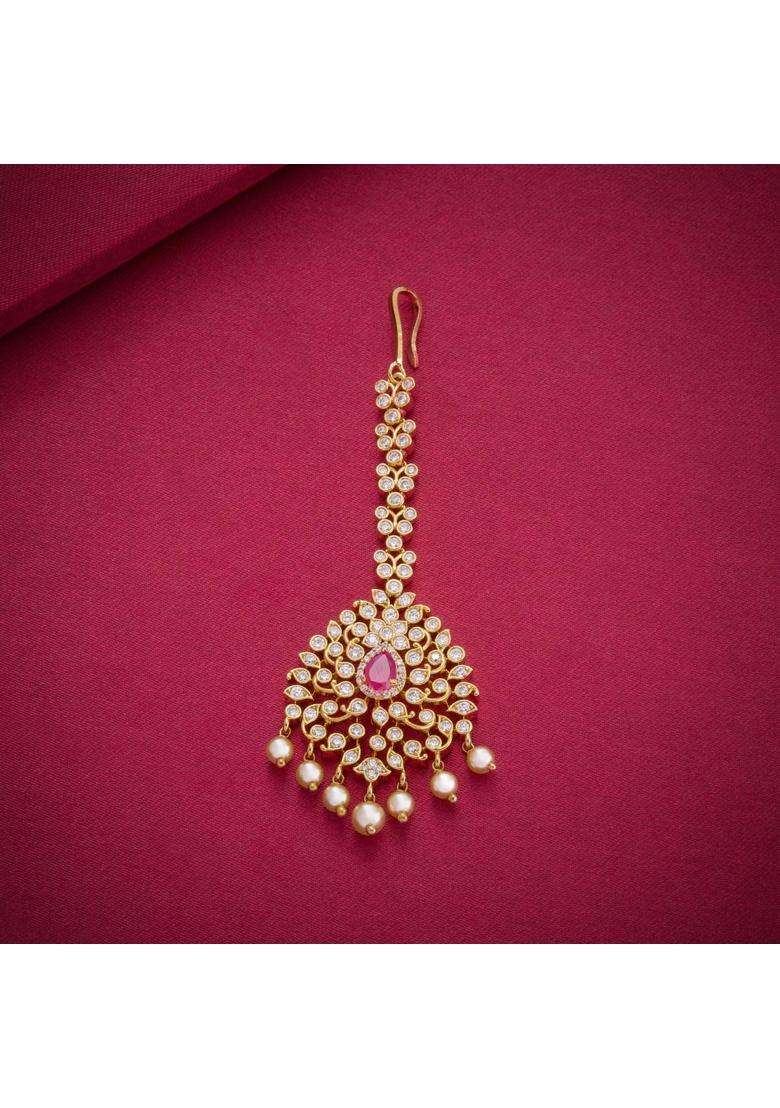 Kushals Fashion Jewellery Ruby Gold Polished Zircon Maang Tikka for Women - Indya