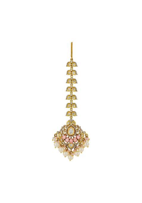 Kushals Fashion Jewellery Pink Victorian Plated Kundan Maang Tikka for Women