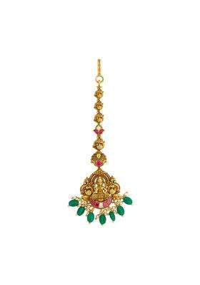 Kushals Fashion Jewellery Ruby Green Oxidised Gold Plated 925 Silver Temple Maang Tikka for Women