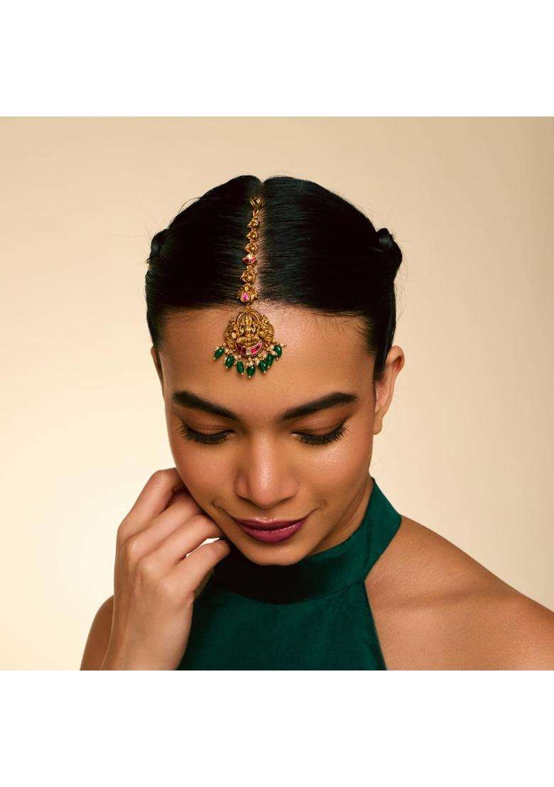 Kushals Fashion Jewellery Ruby Green Oxidised Gold Plated 925 Silver Temple Maang Tikka for Women - Indya