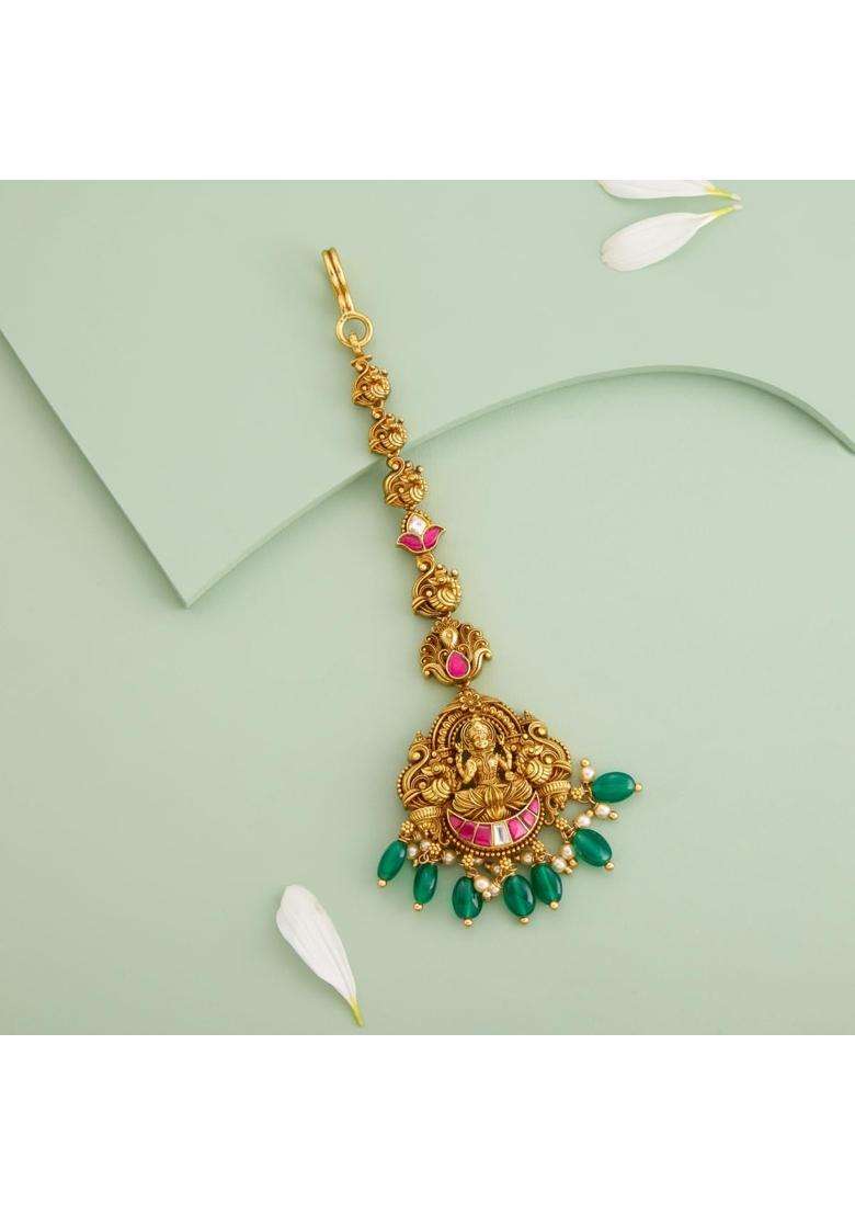 Kushals Fashion Jewellery Ruby Green Oxidised Gold Plated 925 Silver Temple Maang Tikka for Women - Indya