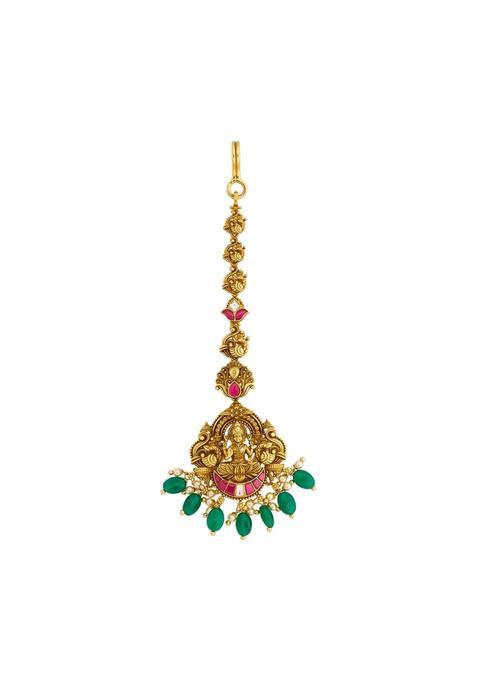 Kushals Fashion Jewellery Ruby Green Oxidised Gold Plated 925 Silver Temple Maang Tikka for Women