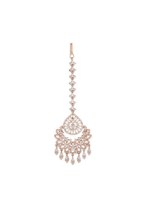 Kushals Fashion Jewellery White Rose Gold Plated Zircon Maang Tikka for Women