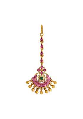 Kushals Fashion Jewellery Ruby Green Gold Plated 925 Silver Temple Maang Tikka for Women