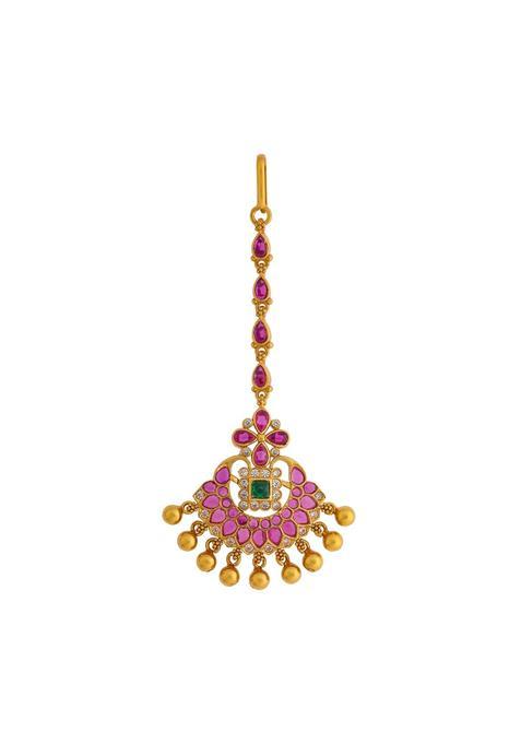 Kushals Fashion Jewellery Ruby Green Gold Plated 925 Silver Temple Maang Tikka for Women
