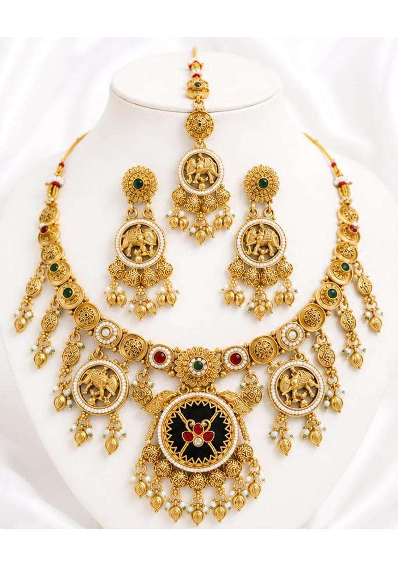 Royal Rajwadi Antique Gold Plated Heritage Jewellery Set for Women - Indya