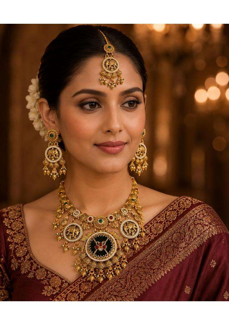Royal Rajwadi Antique Gold Plated Heritage Jewellery Set for Women - Indya