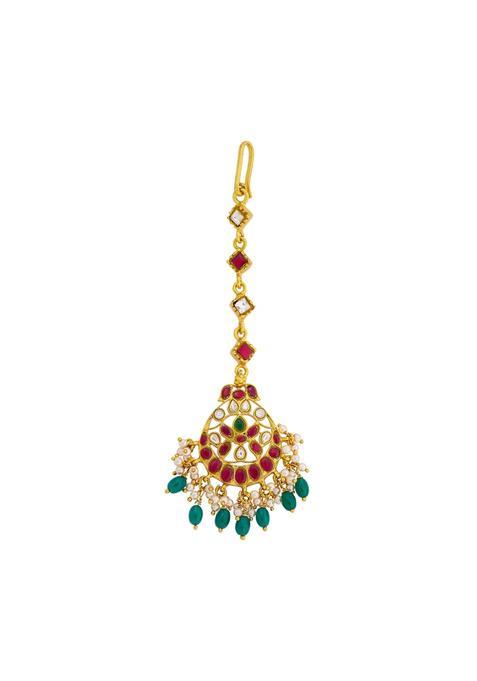 Kushals Fashion Jewellery Ruby Green Gold Plated 925 Silver Temple Maang Tikka for Women