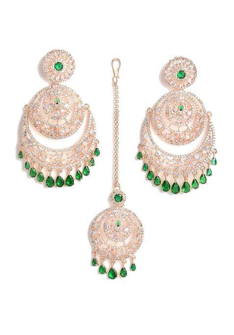 Zeneme Rose Gold Plated American Diamond Studded Maang Tikka and Earrings Jewellery Set for Woment and Girl