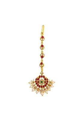 Kushals Fashion Jewellery Ruby Green Gold Plated 925 Silver Temple Maang Tikka for Women