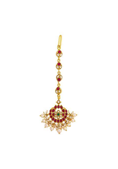 Kushals Fashion Jewellery Ruby Green Gold Plated 925 Silver Temple Maang Tikka for Women