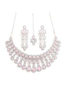 Heritage Savour Luxury Rose Pink American Diamond Choker Necklace Set with Earrings and Maang Tikka