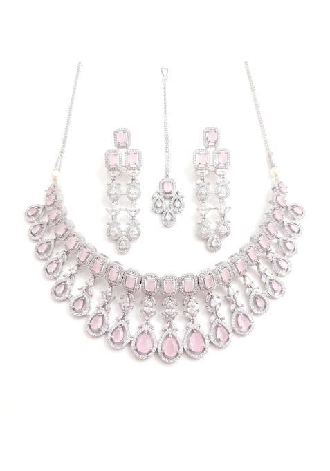 Heritage Savour Luxury Rose Pink American Diamond Choker Necklace Set with Earrings and Maang Tikka