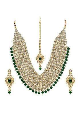 Peora Kundan Pearl Maroon Layered Long Jewellery Necklace Set with Earring Maang Tikka Earrings for Women