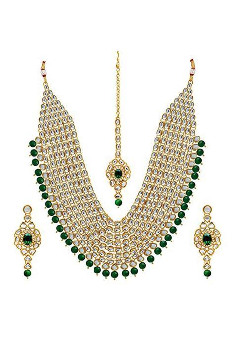 Peora Kundan Pearl Maroon Layered Long Jewellery Necklace Set with Earring Maang Tikka Earrings for Women