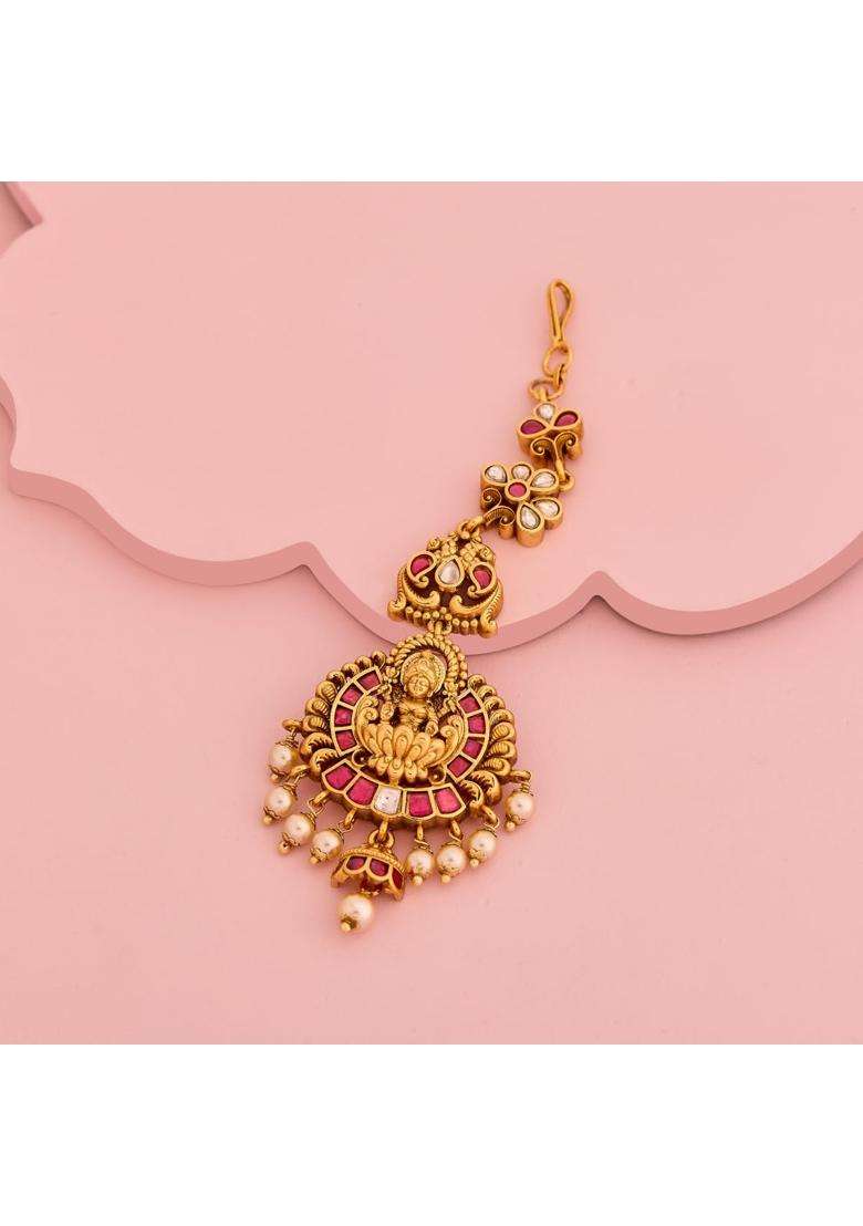 Kushals Fashion Jewellery Ruby Gold Polished Antique Maang Tikka for Women - Indya