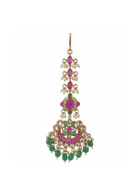 Iksava Gold Tone Kundan Maang Tikka for Women Green and Ruby Stones with Pearls