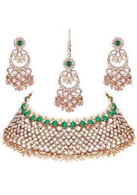Peora Green Gold Plated Indian Traditional Polki Look Kundan Bridal Necklace Earring Set with Maang Tikka